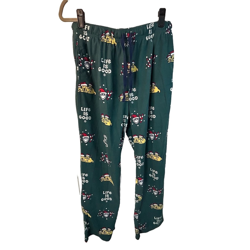 Life Is Good‎ Pajama Pants Adult L Green Christmas Dog, Smile Face Sleepwear